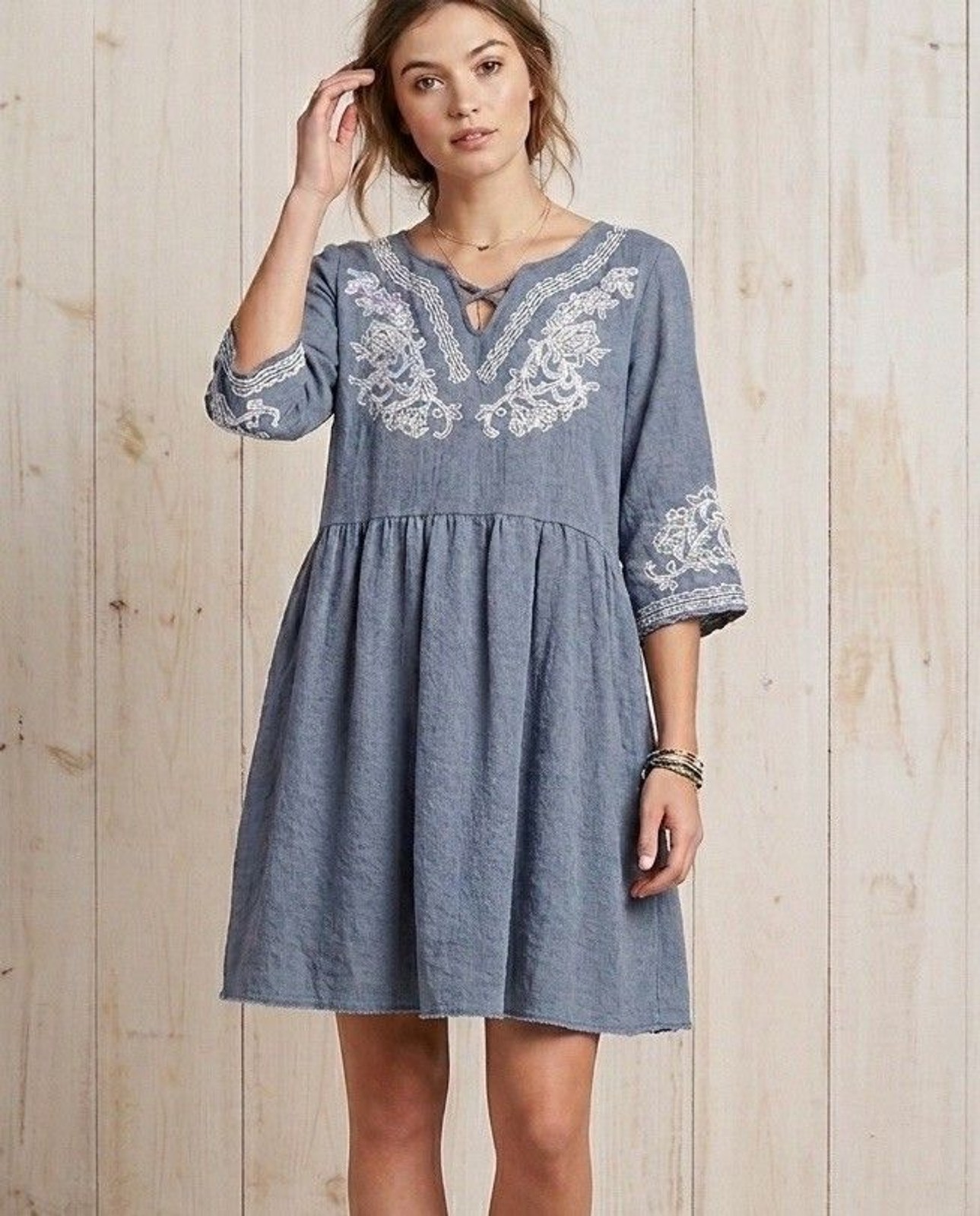 INDIGO SOUL Boho Dress L Blue Lace Mini Long Tunic Crochet Embroidery Gauze Bell