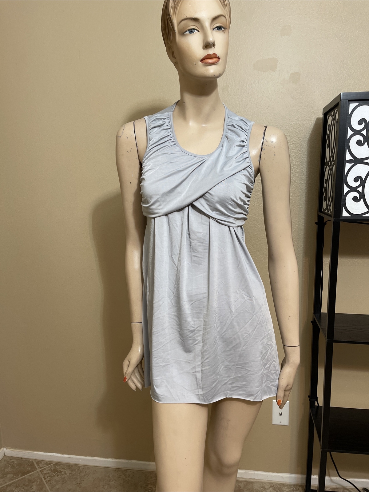 Women’s Blue Grey Polyester Casual Summer Tied Ruffles Mini Size L Blouse Dress