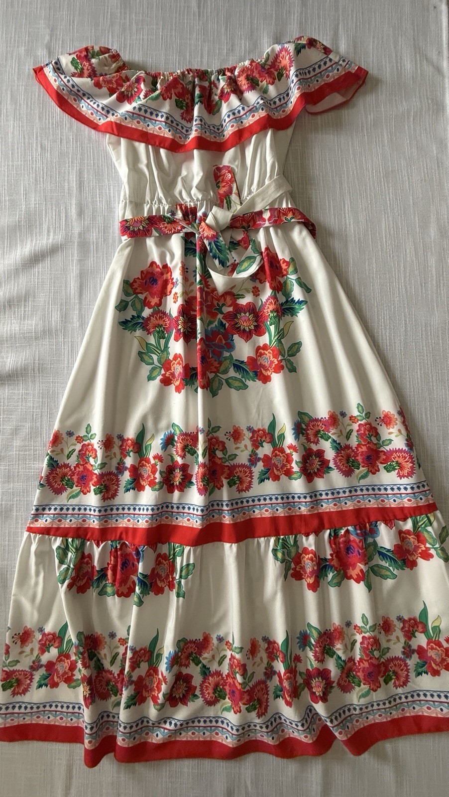 Boture Women’s White Red Blue Green Floral Off Shoulder Ruffle Midi Dress Sz M
