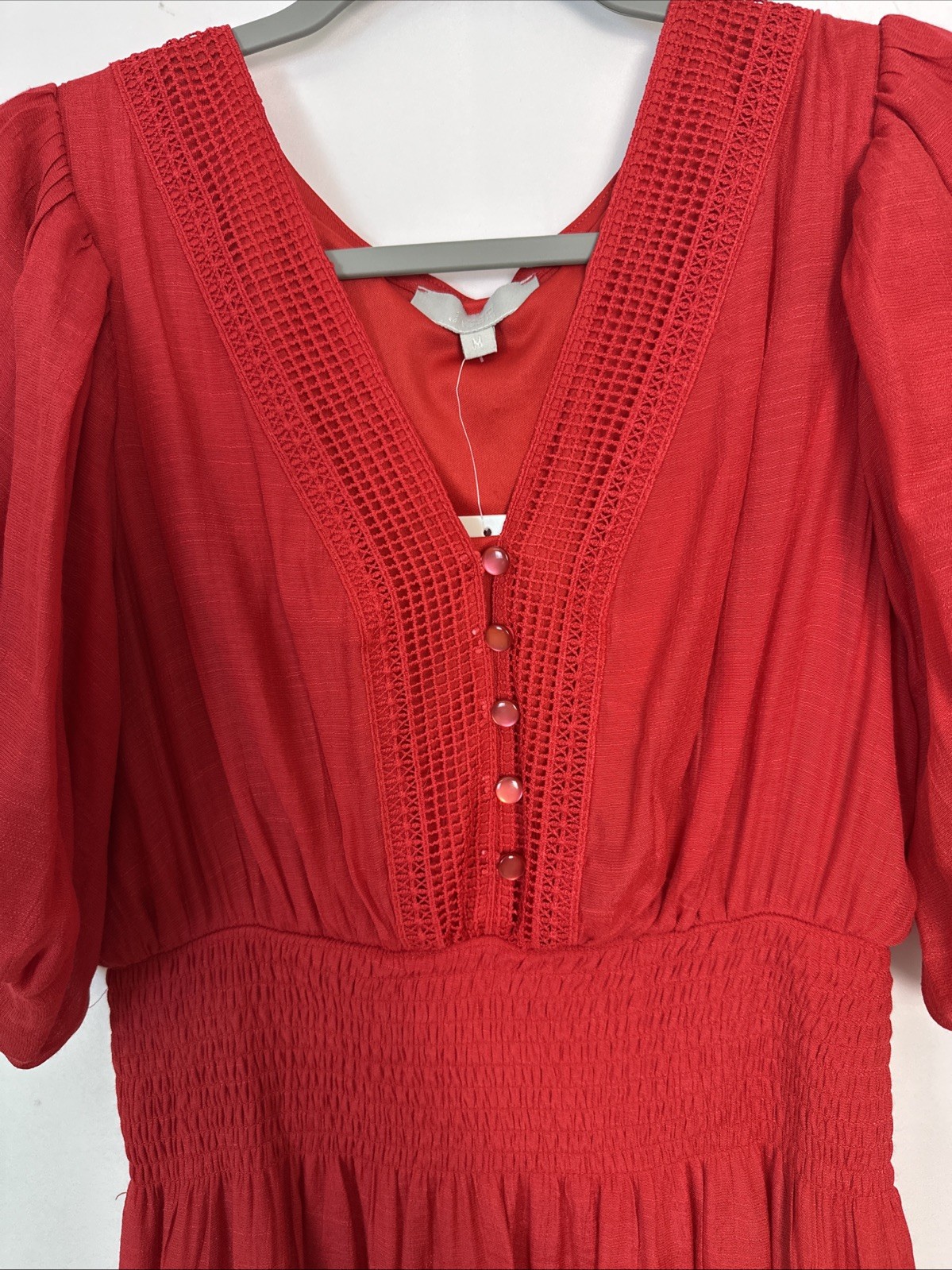 J.Gee Boho Tiered Midi Dress V-neck Women’s Sz Medium Red Color Smocked Waist