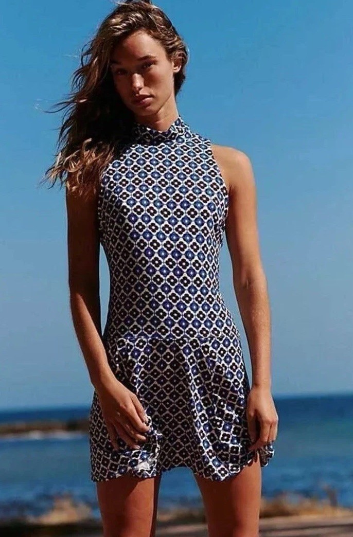 Free People Check It Mini Dress Blue Combo Large NEW
