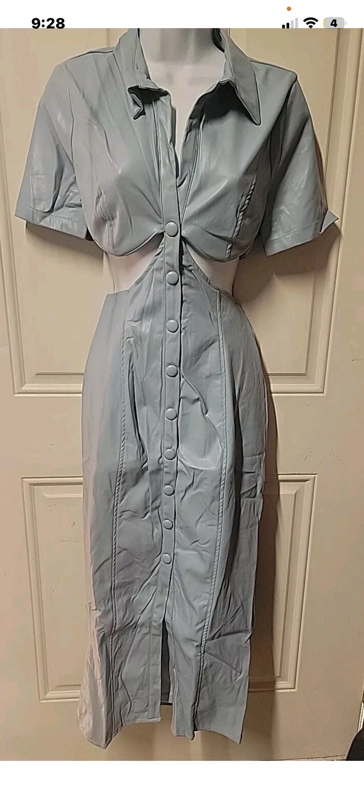NEW Reverof Baby Blue/Tan Faux Leather Cutout Midi Length Dress Short Sleeve XS