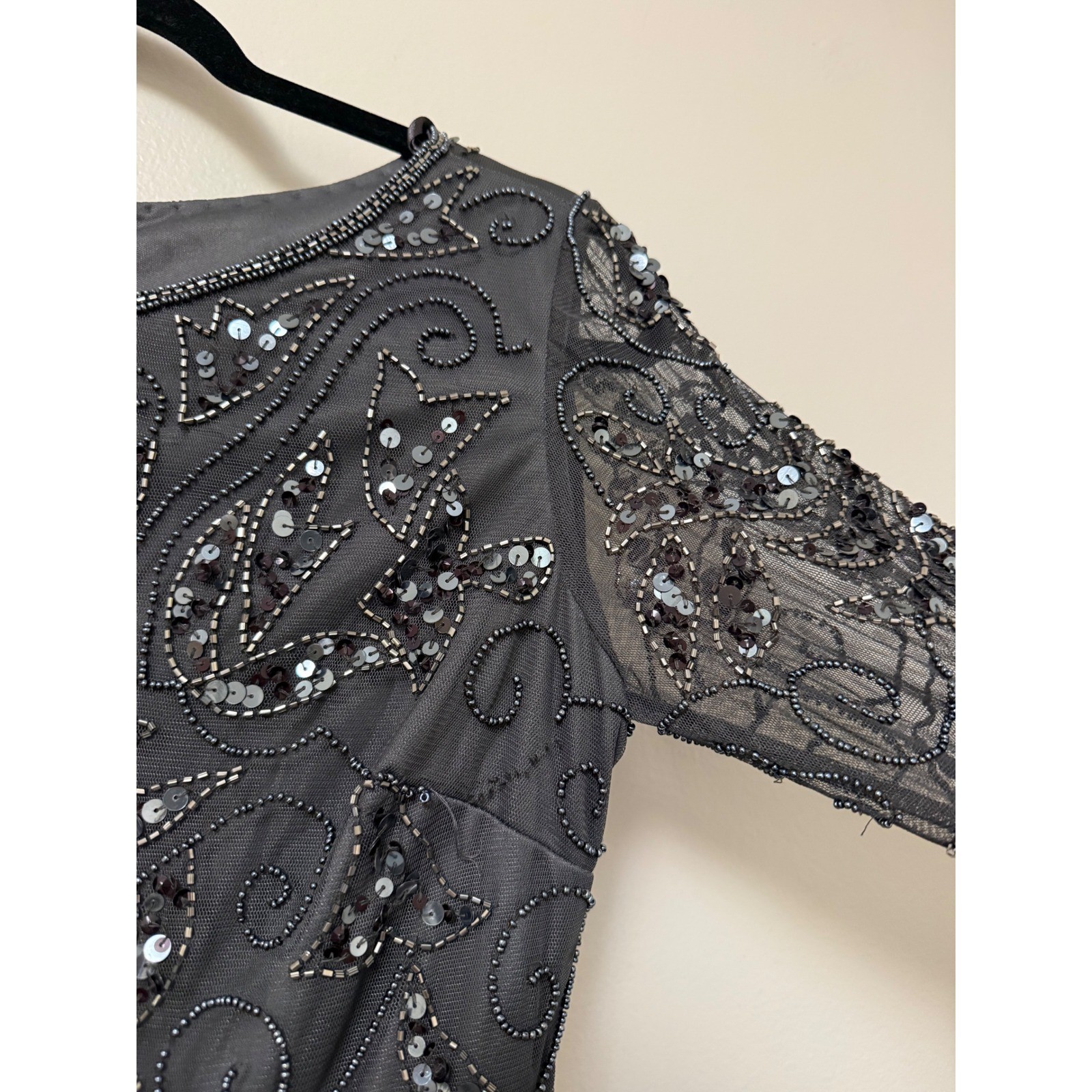 Pisarro Nights Gray Beaded Sequin Gown 3/4 Sleeve Formal Maxi Dress