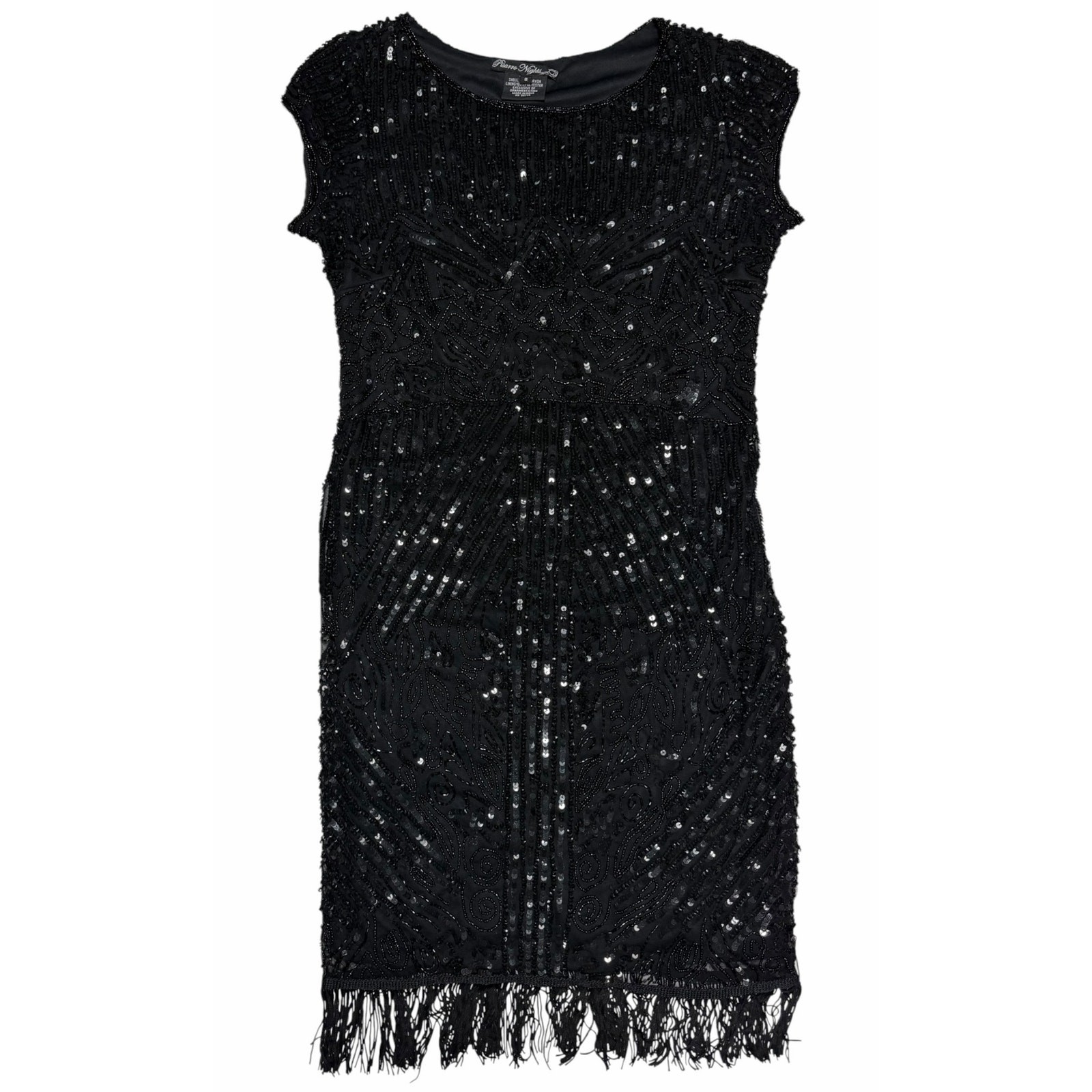 Pisarro Nights Black Beaded Sequin Fringe Cocktail Dress Art Deco Gatsby Flapper
