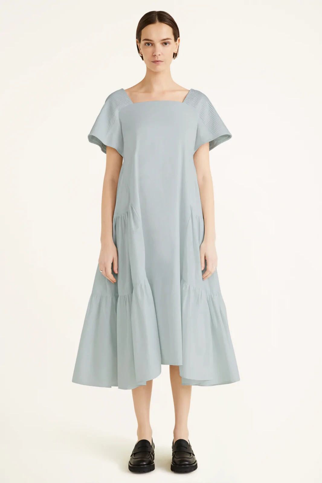 $500 MERLETTE Minne Pintuck Sleeve Tiered Pima Cotton Lawn Dress | Sea Mist | S