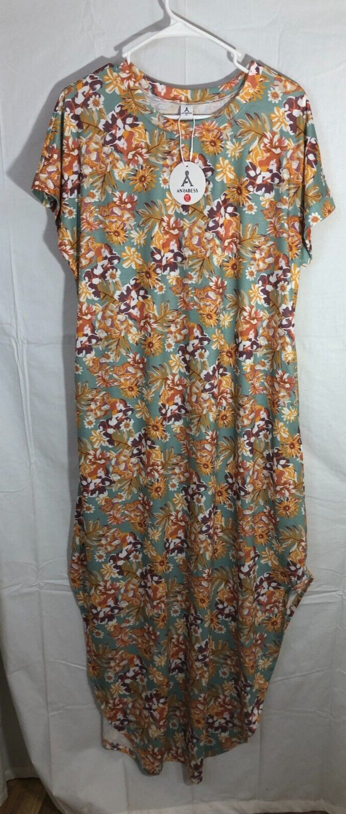 Anrabess XL NWT Floral Short Sleeve Yellow Green Maxi Dress Plus Pockets Spring