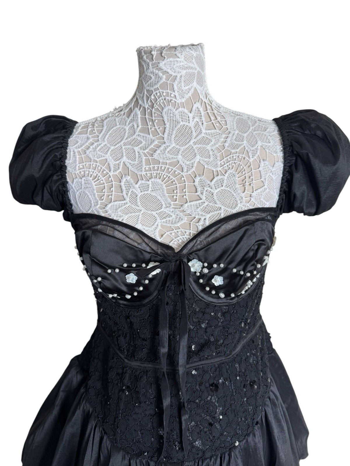 NWT For Love & Lemons Mckenna Mini Bubble Hem Lace Bustier Dress Black X-Large