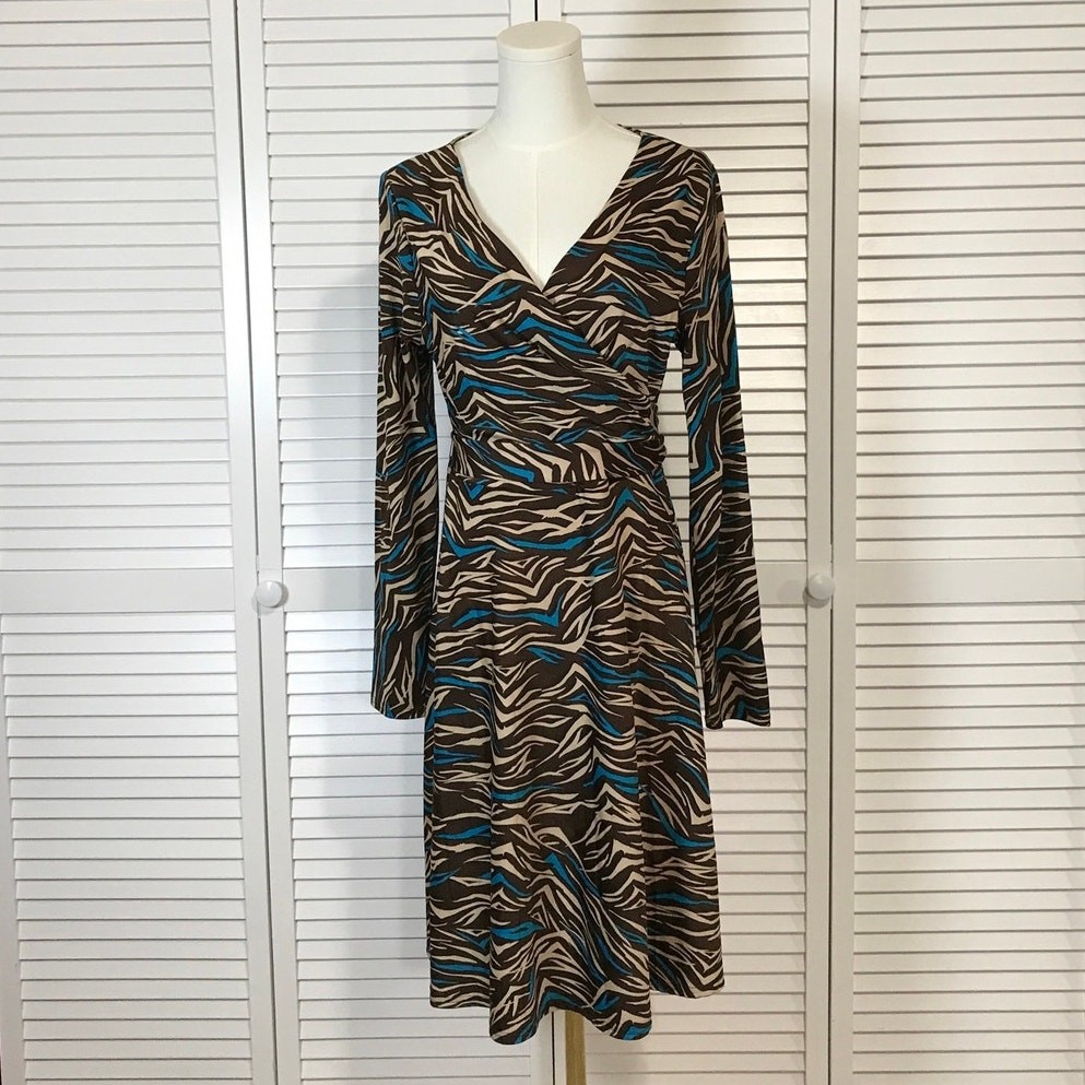 Allison Brittney Turquoise Retro Y2K Zebra Print Faux Wrap A-Line Dress L