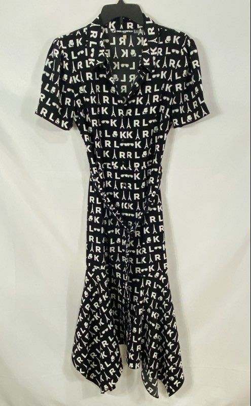 Karl Lagerfeld Paris Women’s Eiffel Tower Logo Midi Button Front Belted Dress 8
