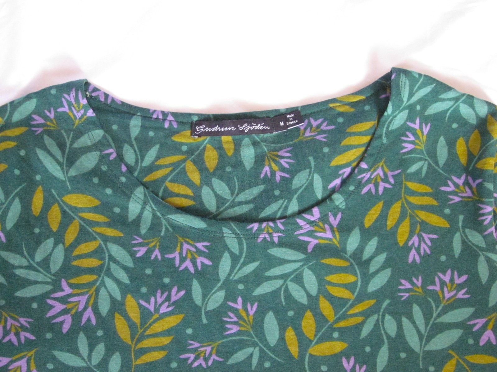 Gudrun Sjoden Leaf Tunic Dress Greens Lavender Organic Cotton Size M Lagenlook