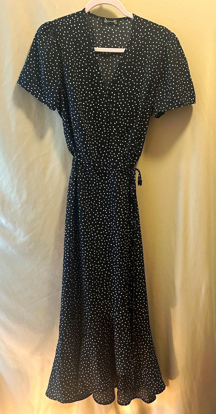 Prettygarden Black Polka Dot Wrap Midi Dress V-Neck & Ruffled Hem SZ M