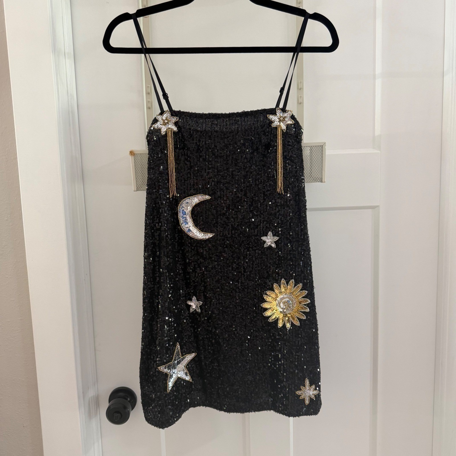 East N West Label Sequin Star Mini Dress Black Celestial Moon Sun Whimsy M Party