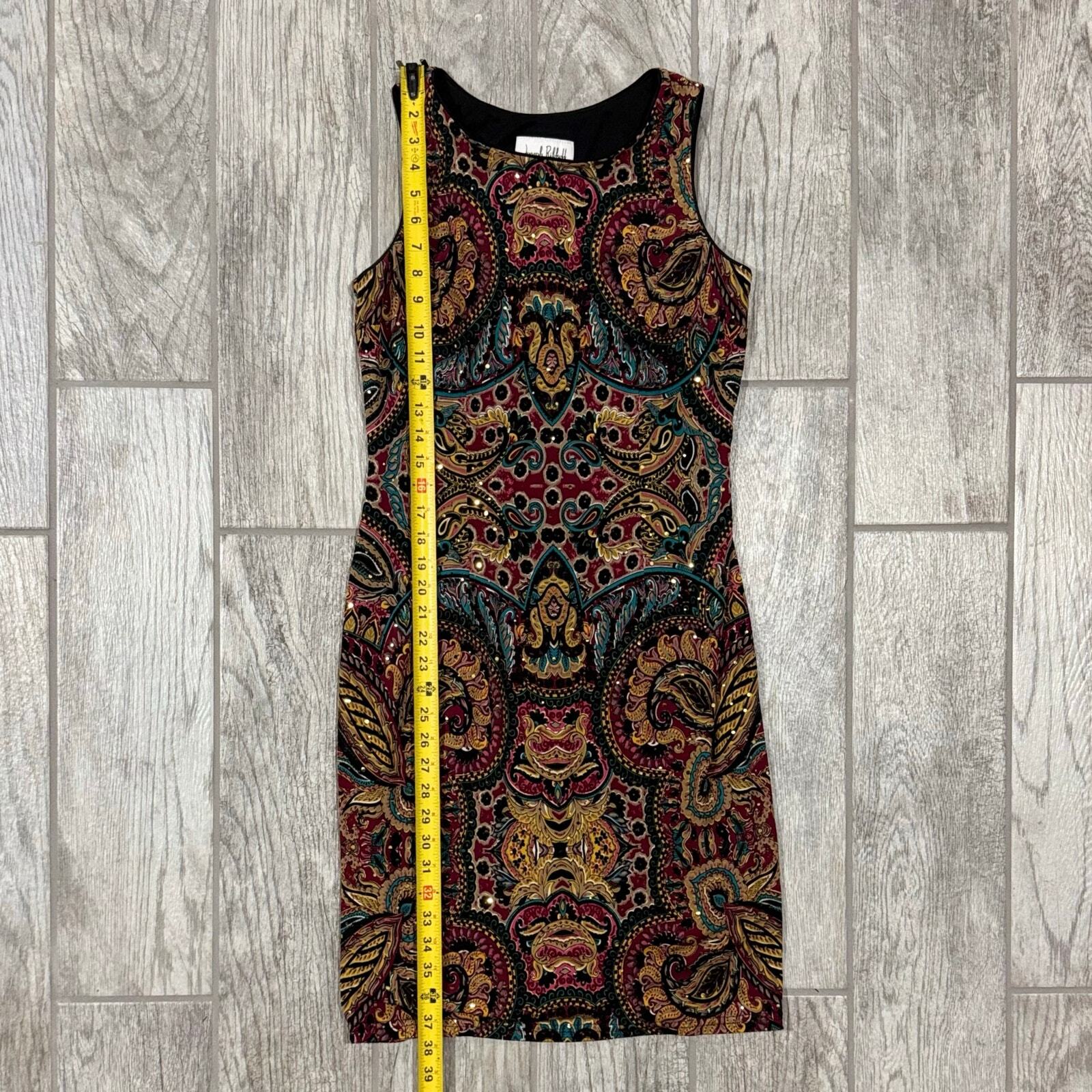 Joseph Ribkoff Jewel Tone Digital Print Jersey Dress Sz 8 Sequins Fitted Sheath