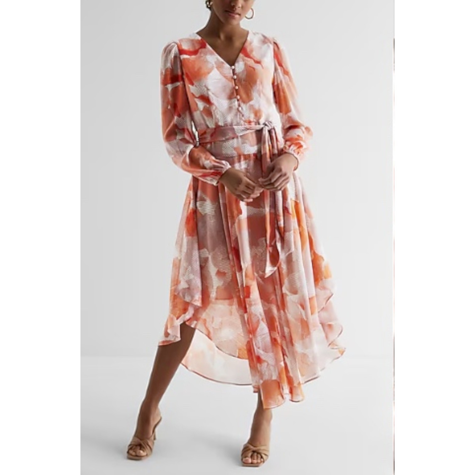 EXPRESS Printed Button Front Tie Waist Midi Dress NWT Size M Peach Floral Print