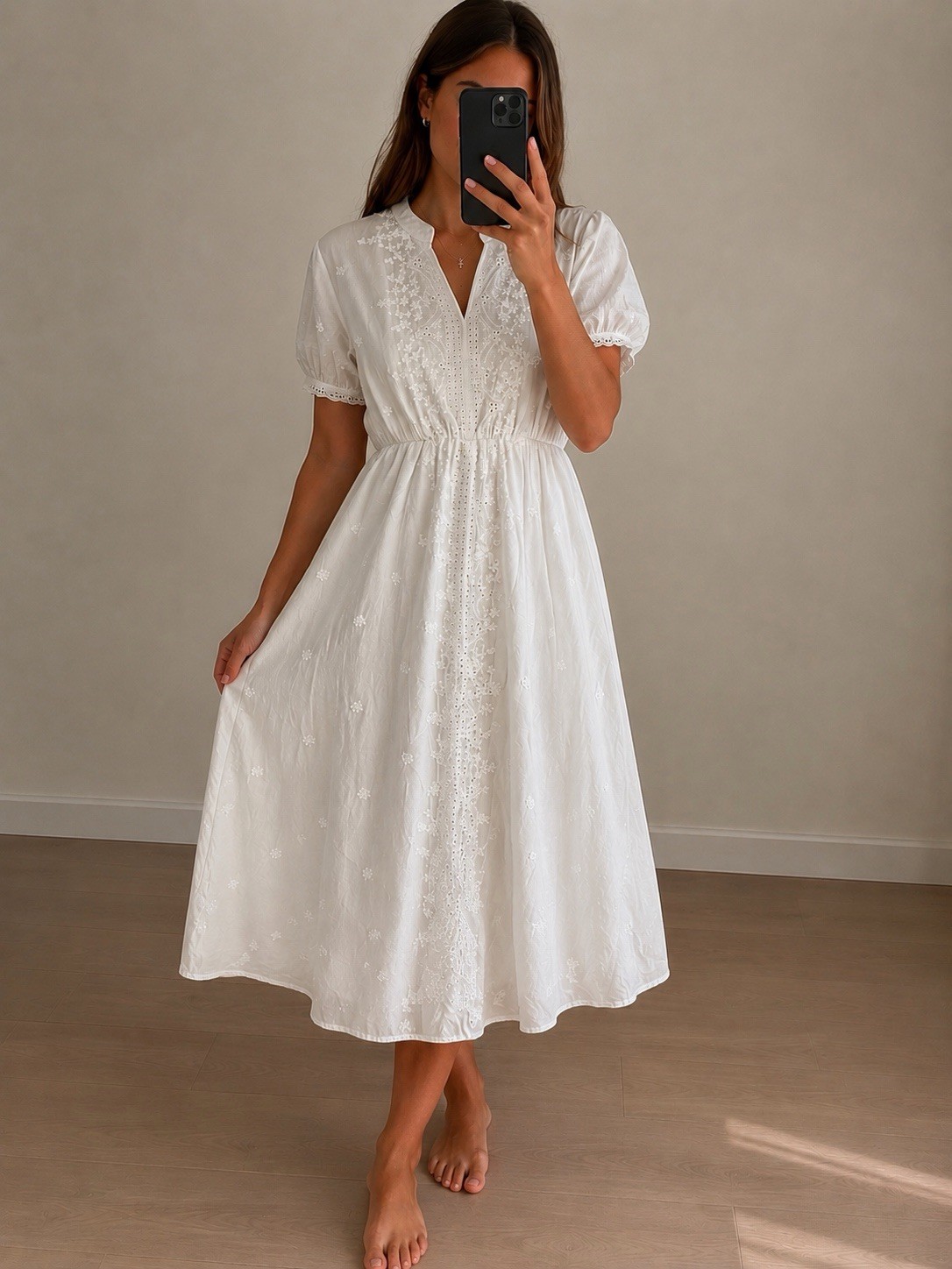 White Embroidered Eyelet Midi Dress Women’s S/M Floral Cotton Blend Boho Cottage
