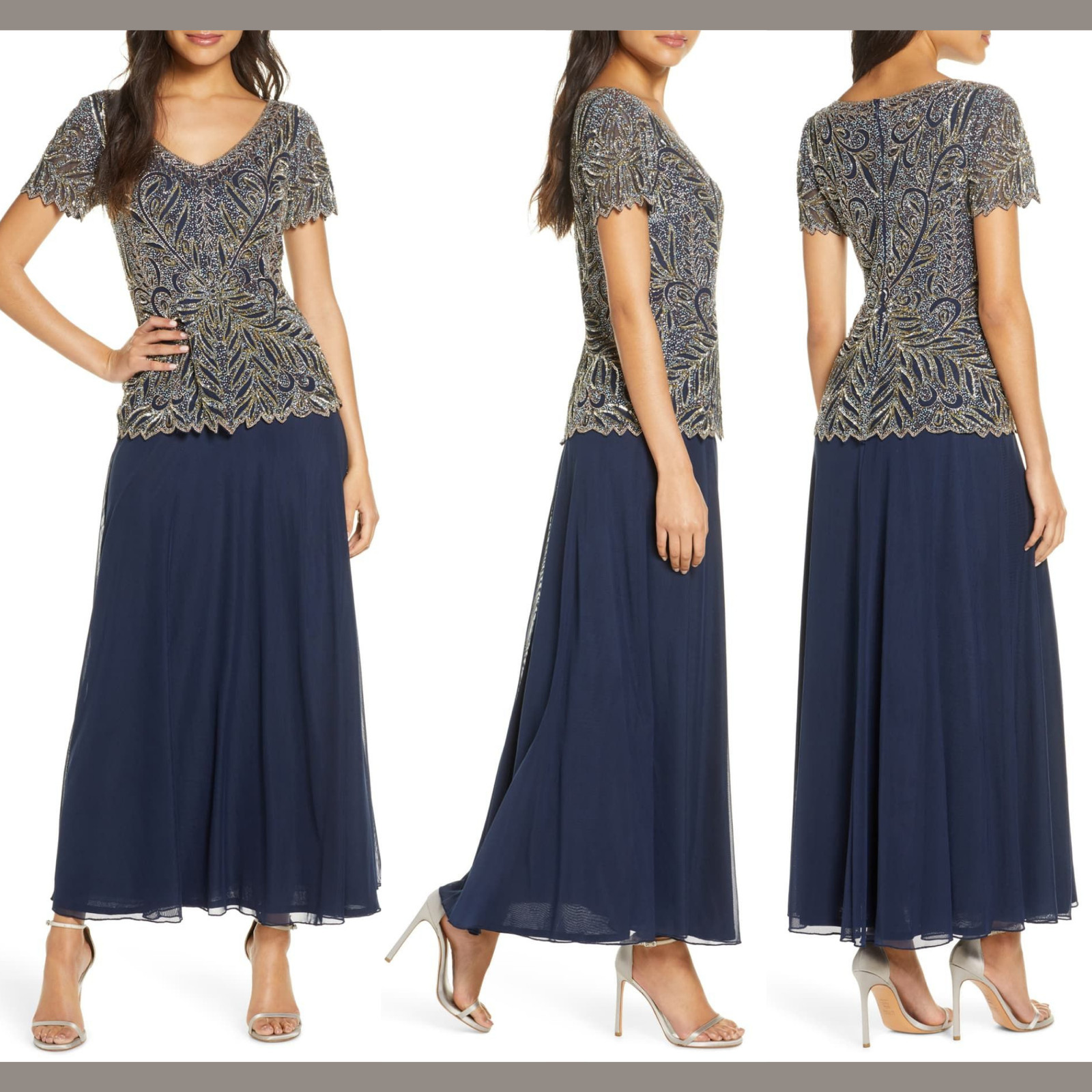 NEW $238 Pisarro Nights Embellished Beaded Mock Gown in Navy [SZ 12 ] #G668