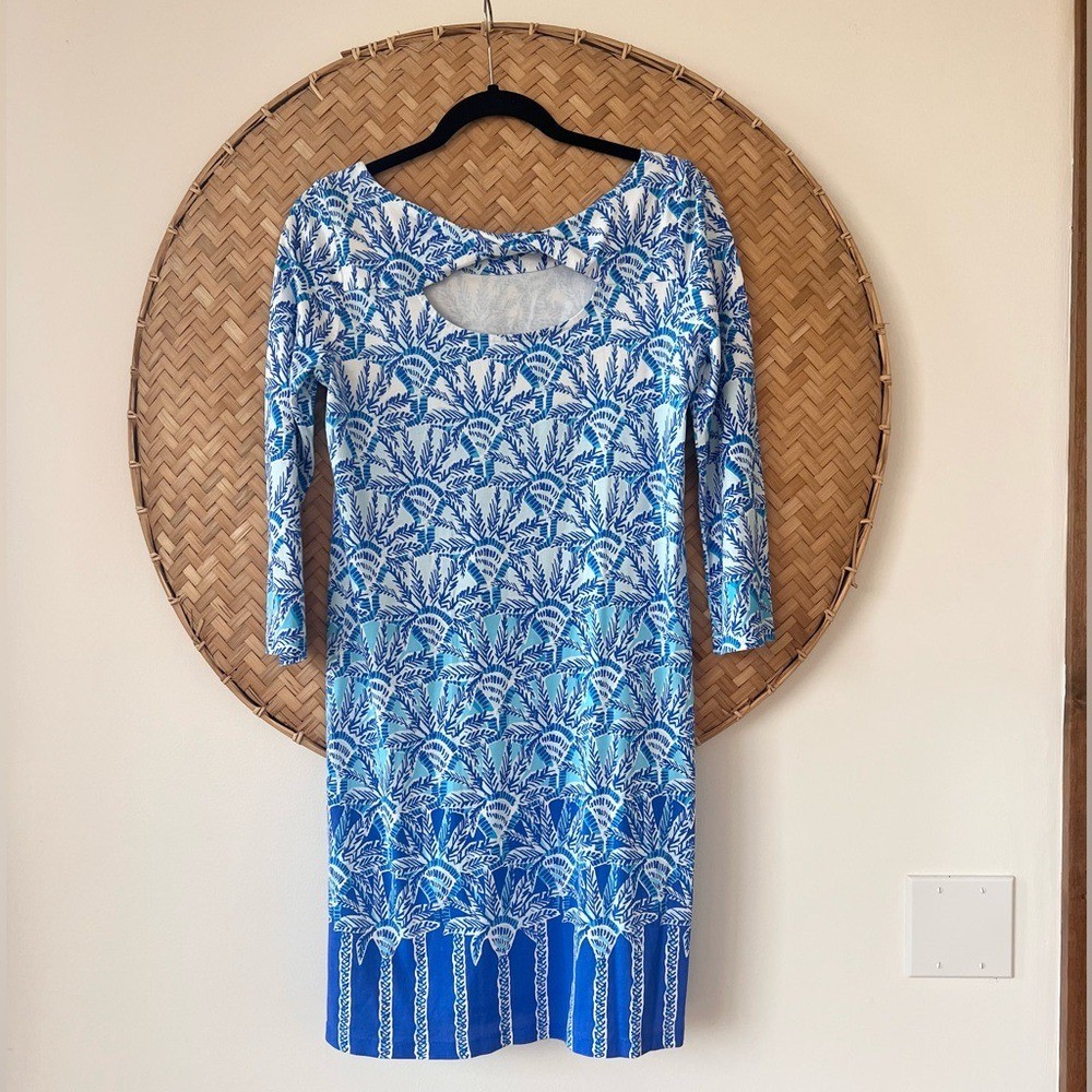 WOMEN’S LILY PULITZER TROPICAL PALM TREE VACATION BAY DRESS IN WHISPER BLUE