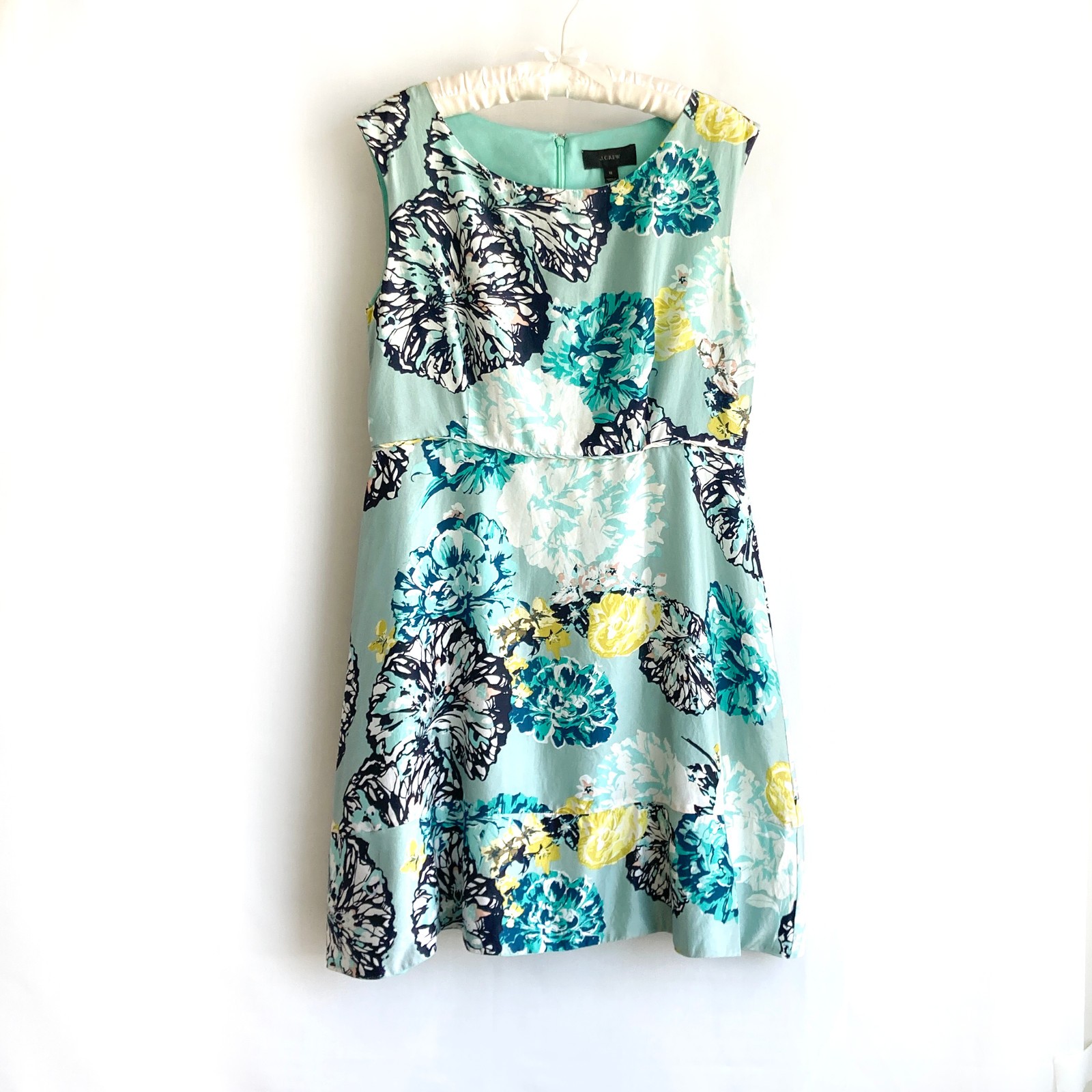 J. CREW 100% Silk Dress sz 12 Floral Sheath Teal White Fully Lined Garden Party
