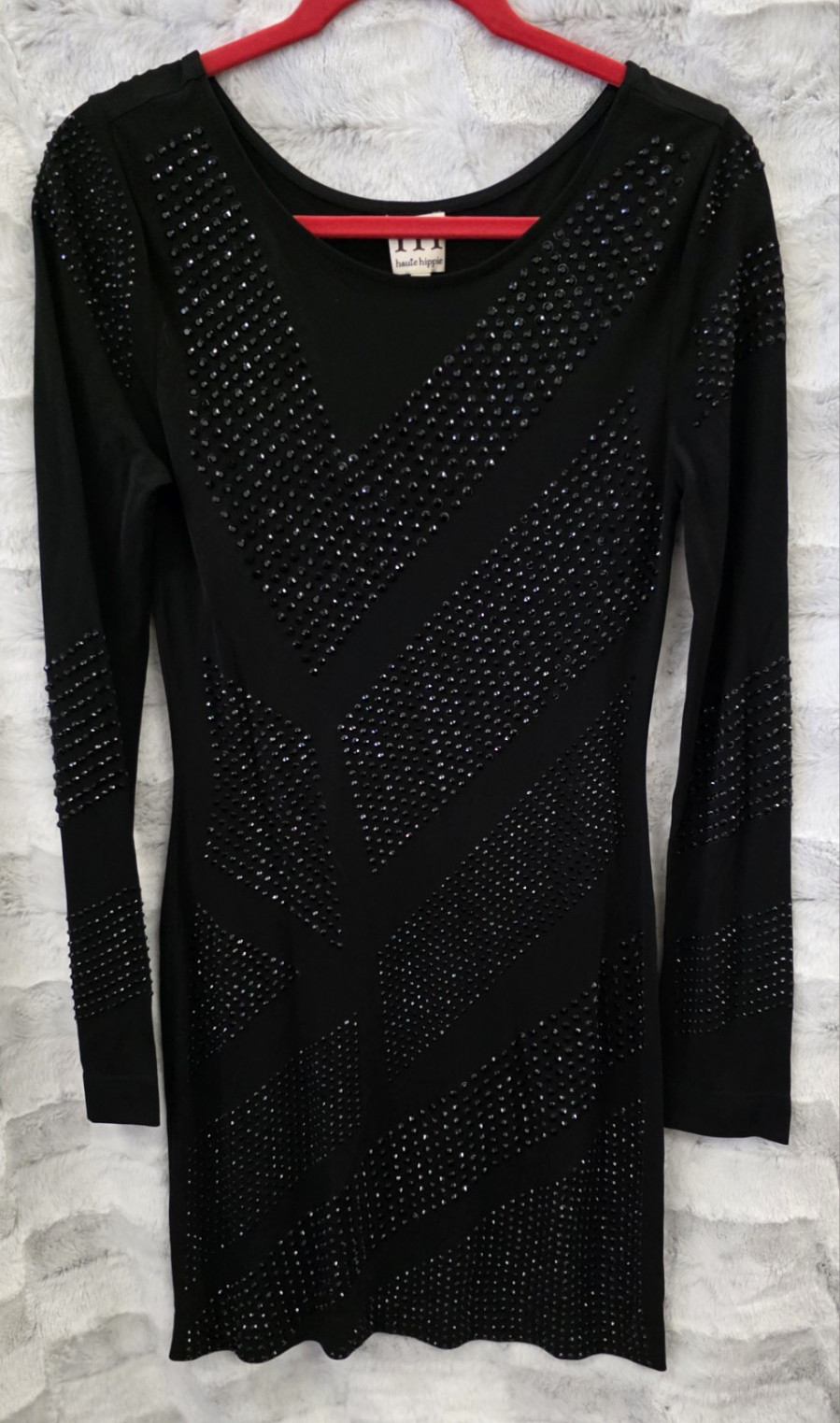 Haute Hippie Black Studded Bodycon Dress Long Sleeve Scoop Neck Short M