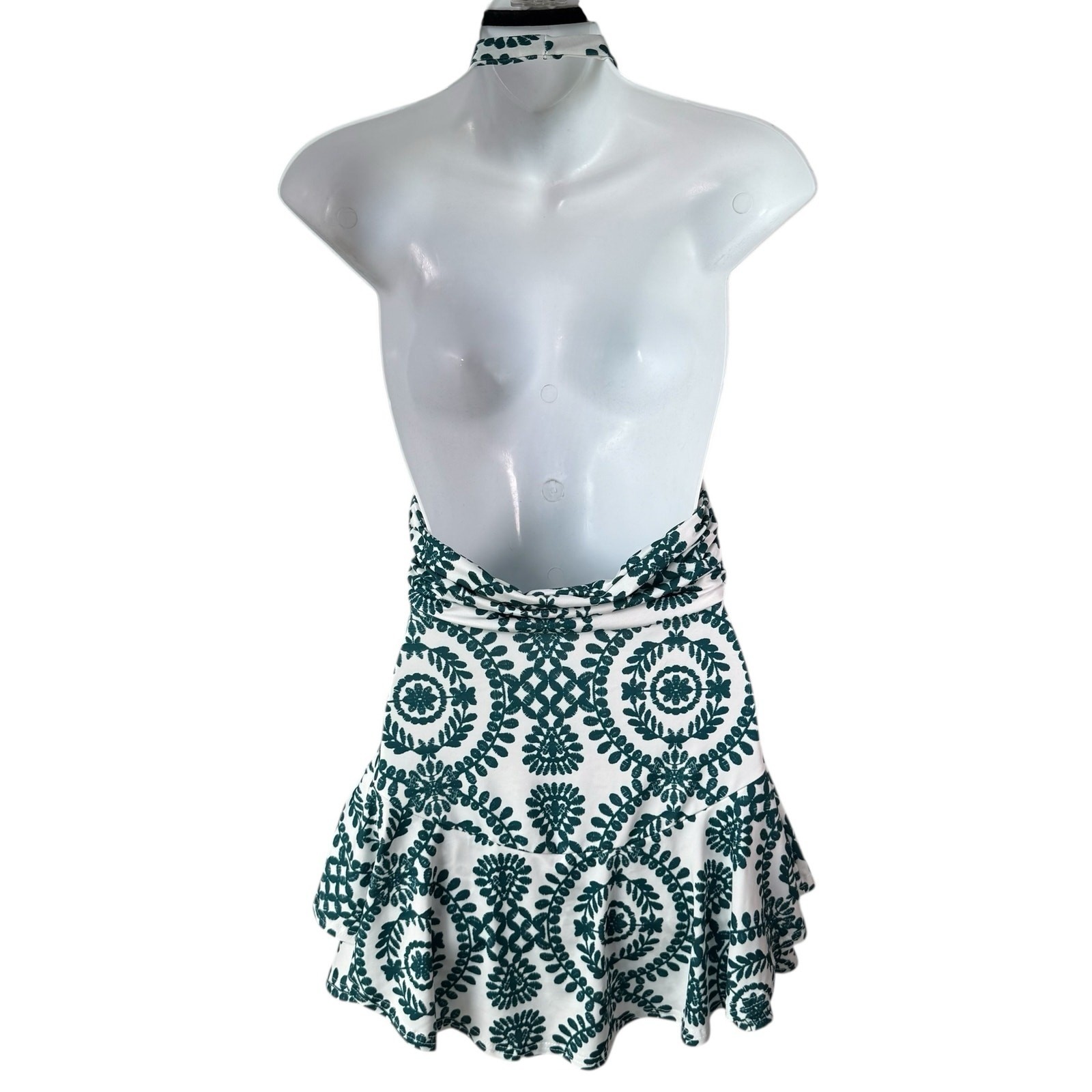 Womens Backless Halter Romper Small White Green Floral Print Ruffle Resort READ