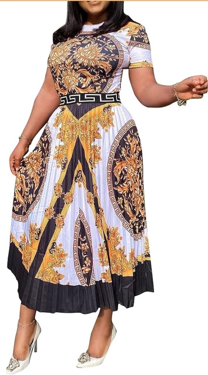 Print Mid-Calf Short Sleeve High Waist Women’s Maxi Dress Size XL