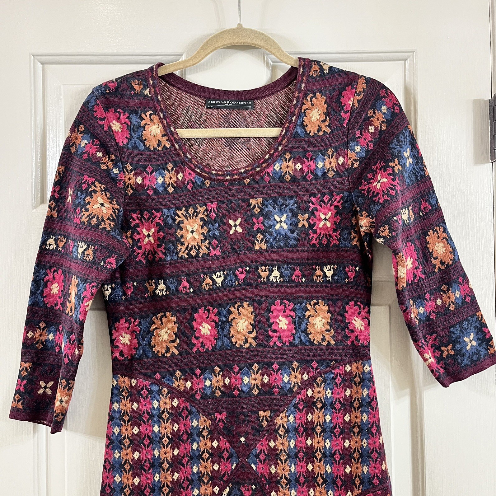 Peruvian Connection Maxi Knit Dress Wom S Wine Pink Geo Pima Cotton 3/4 sleeve