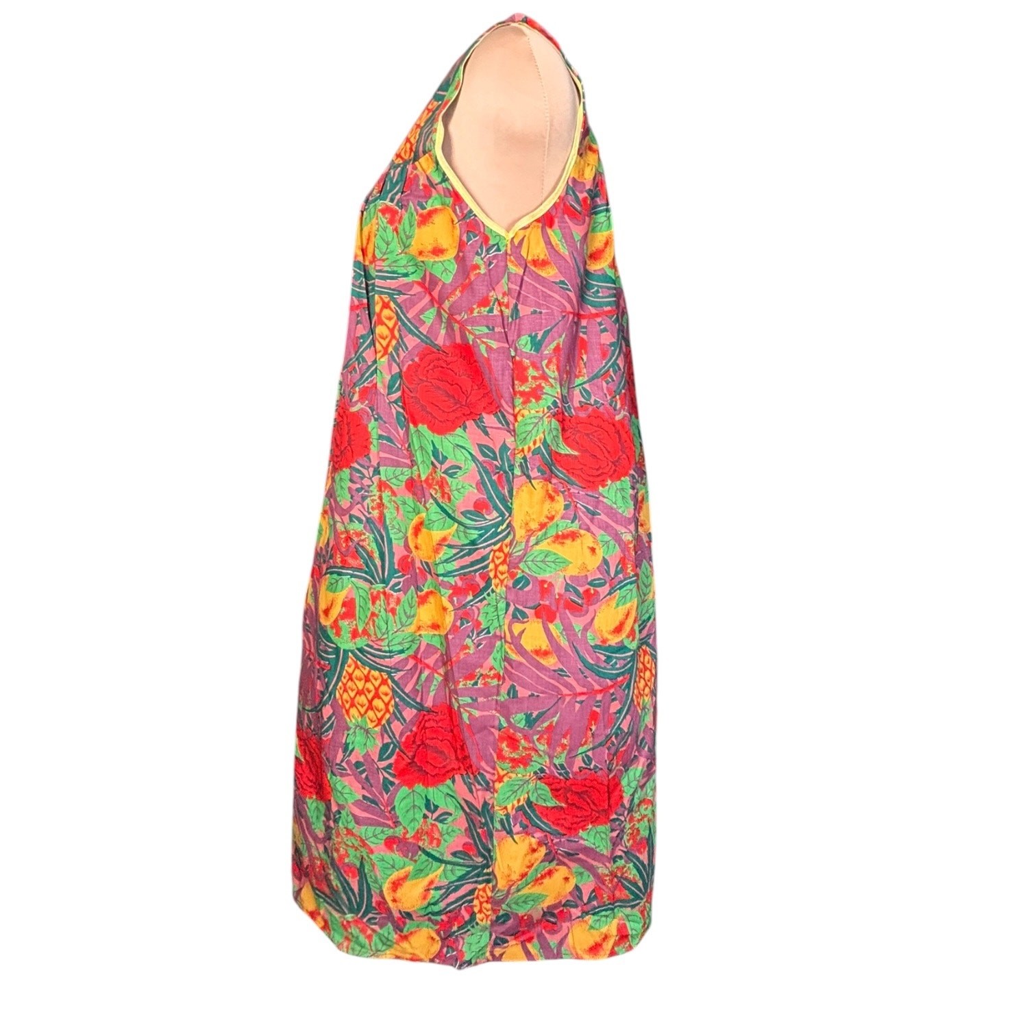 Vintage Tropical Fruit Floral House Dress Large Muumuu Pineapple Resort Wear