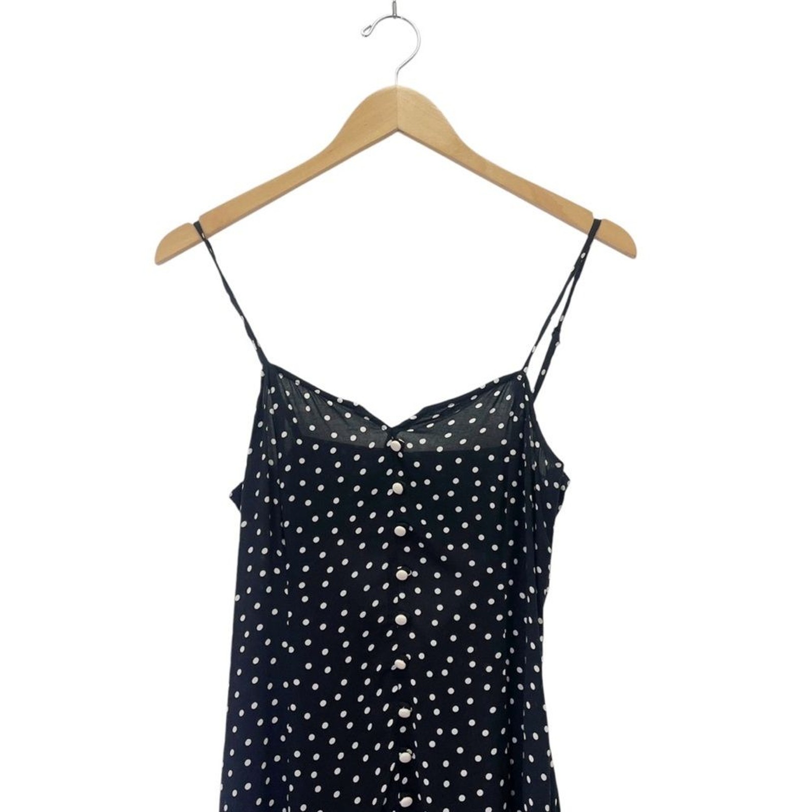 Intermix Linette Black Polka Dot Midi Dress Size 2 Spaghetti Strap Button Front