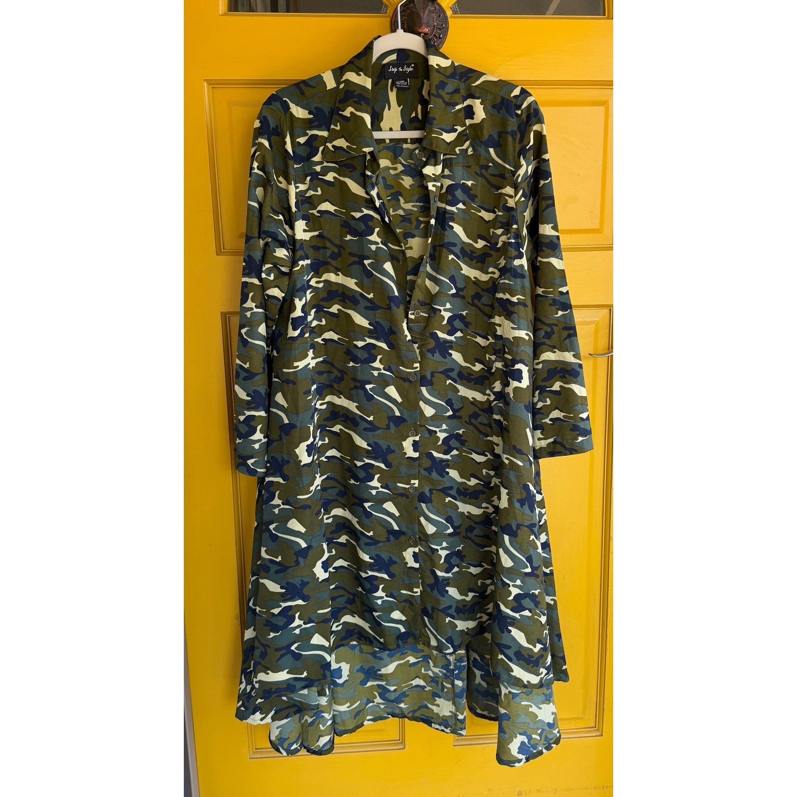 Step In Style Camo Button Down Shirt Dress Longline Tunic Green Blue Large L