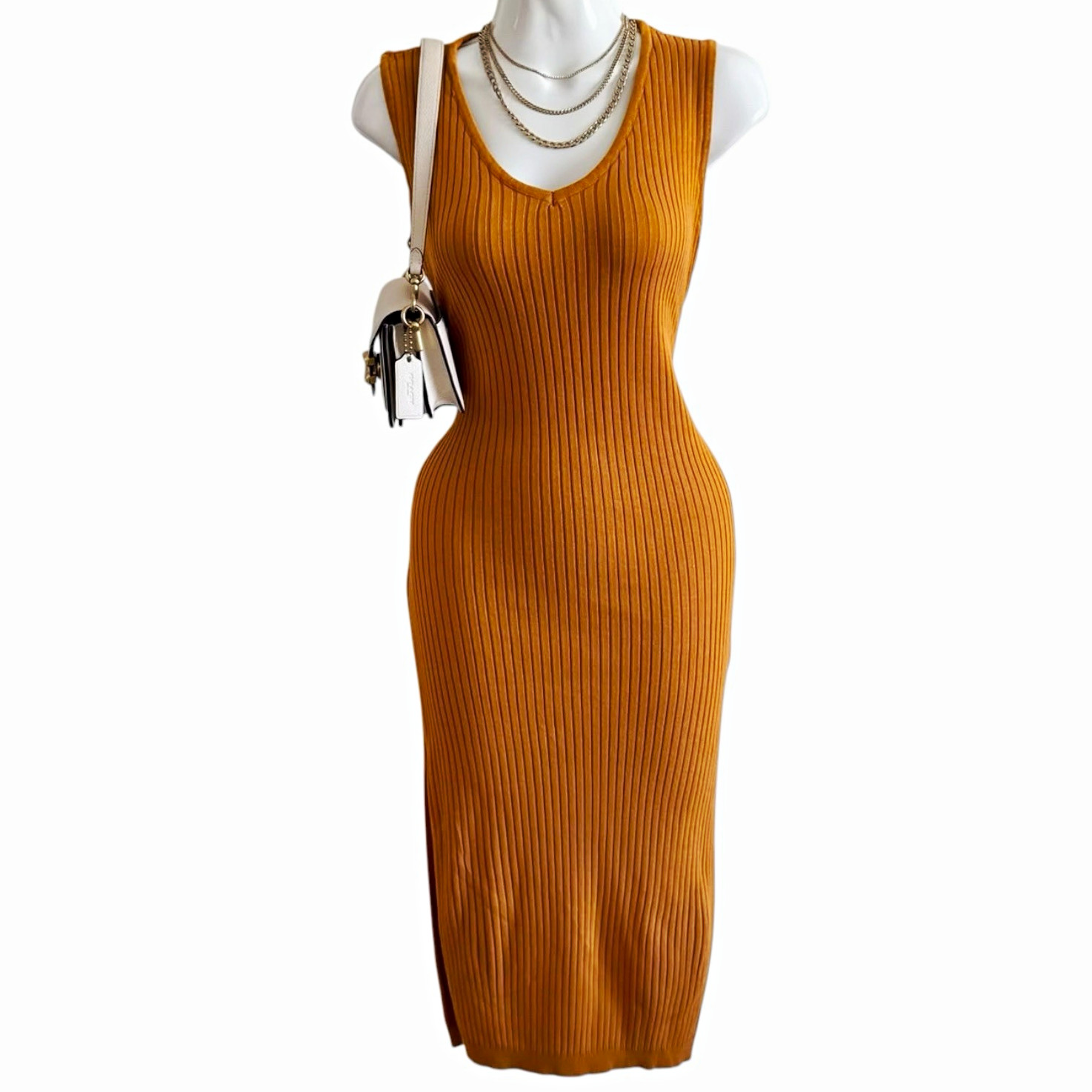 MICAS Ribbed Knit Midi Sweater Dress Brown Sleeveless Side Slit Size Small