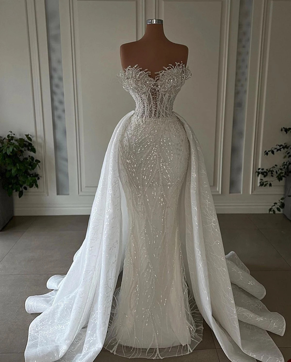 Beaded Mermaid Wedding Dress Detachable Overskirt Sparkly Bridal Gown Train