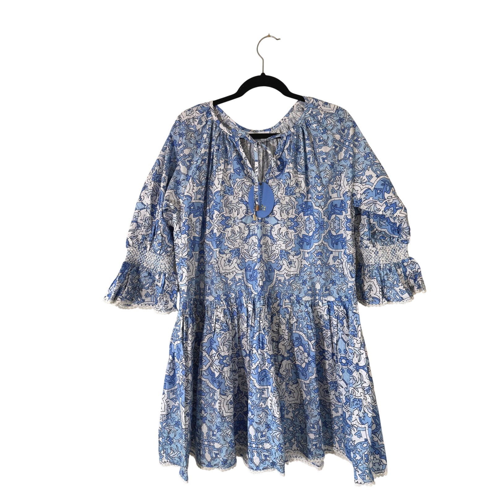 NWT Cartolina Nantucket Blue White Floral Cotton Tiered Mini Dress Sz M Cottage