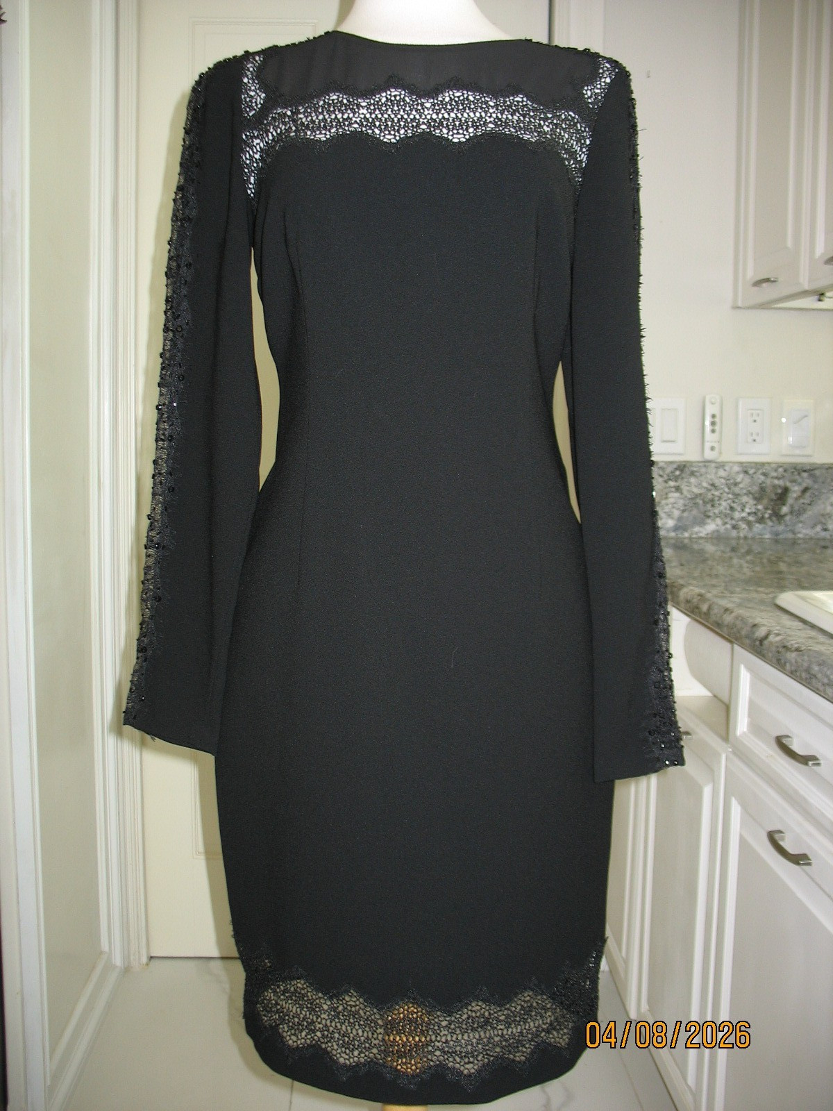 NWT ELIE TAHARI BLACK LACE TRIMMED ILLUSION YOKE BEADED EMBELLISHED DRESS-SZ 4