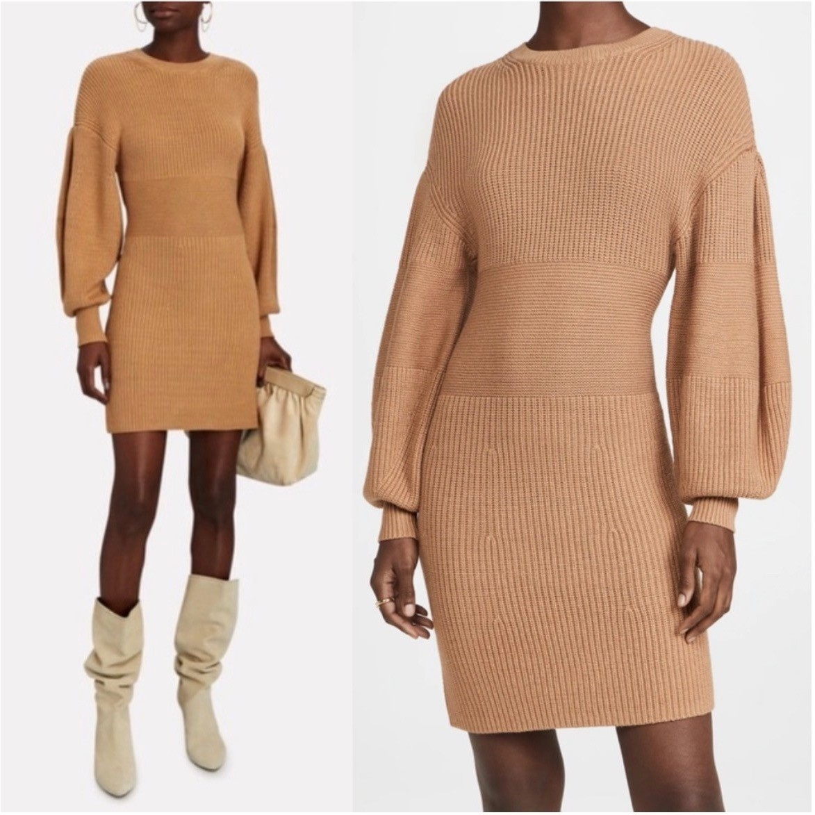Staud Marleybone Neutral Camel Ribbed Knit Balloon Sleeve Mini Sweater Dress XS