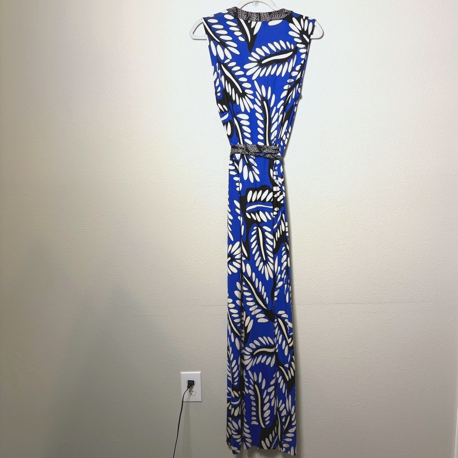 Diane Von Furstenberg DVF Orchid Maxi Dress Size 12 Blue White Silk Leaf Wrap