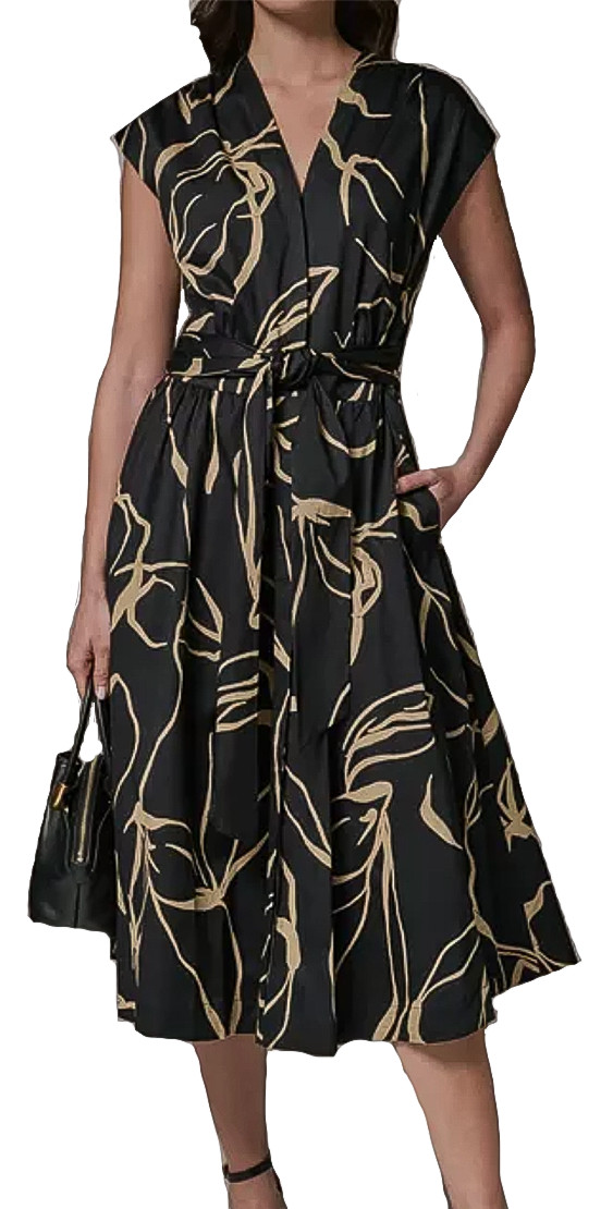 NWT Donna Karan NY Stretch Cotton Tie Belt Lined Dress, 10, Black/Fawn, $169