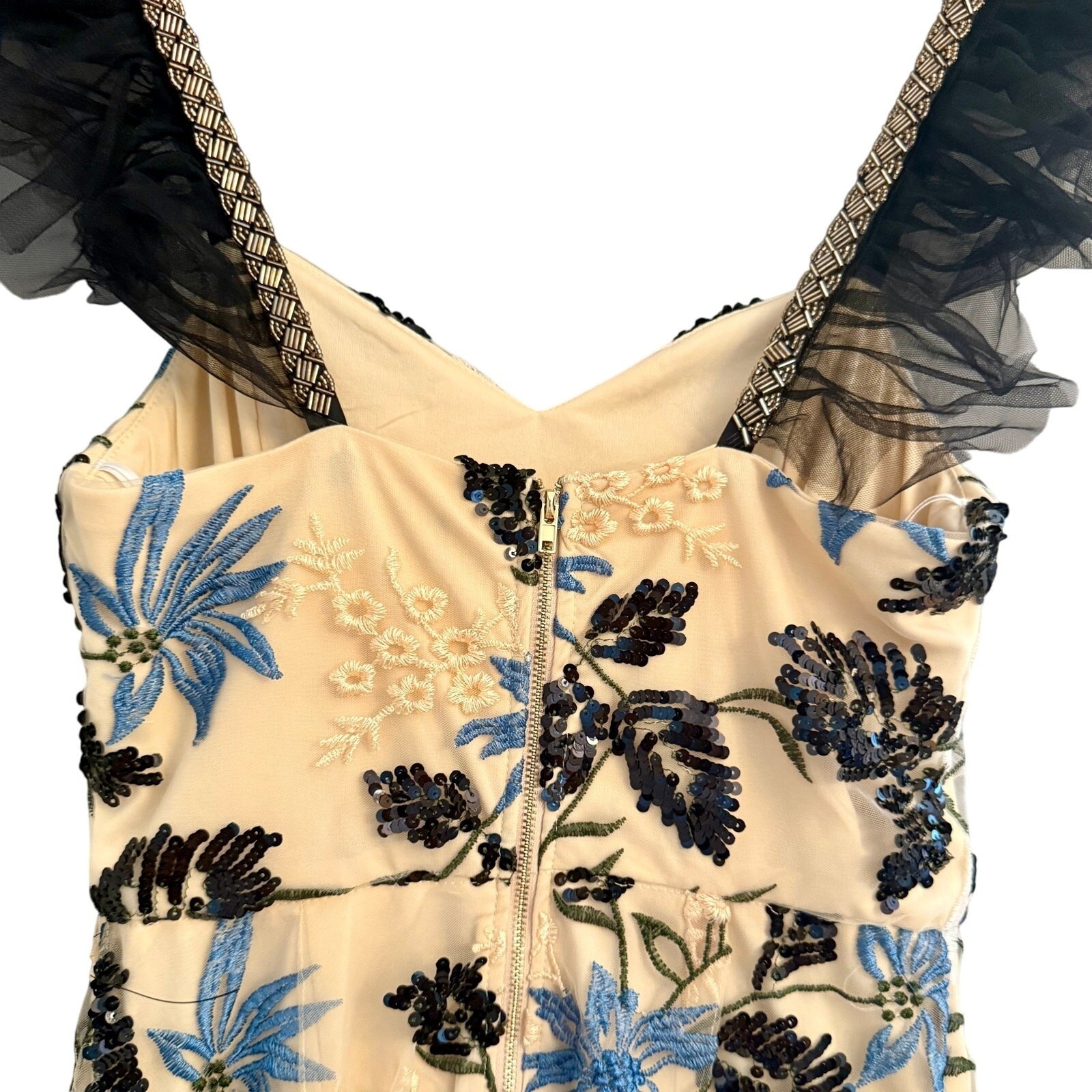 Lulus Embroidered Tulle Midi Dress S Beige Blue Black Floral Sequin Ruffle Strap
