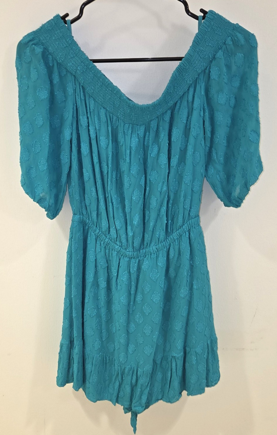 Lilly Pulitzer 2022 Teal Romper Off The Shoulder 100% Rayon Belt Women Sz Small