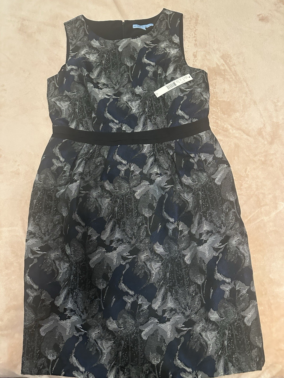 Antonio Melani Pencil Dress 12 Blue/Gray Floral Jacquard Pleated Zip Knee