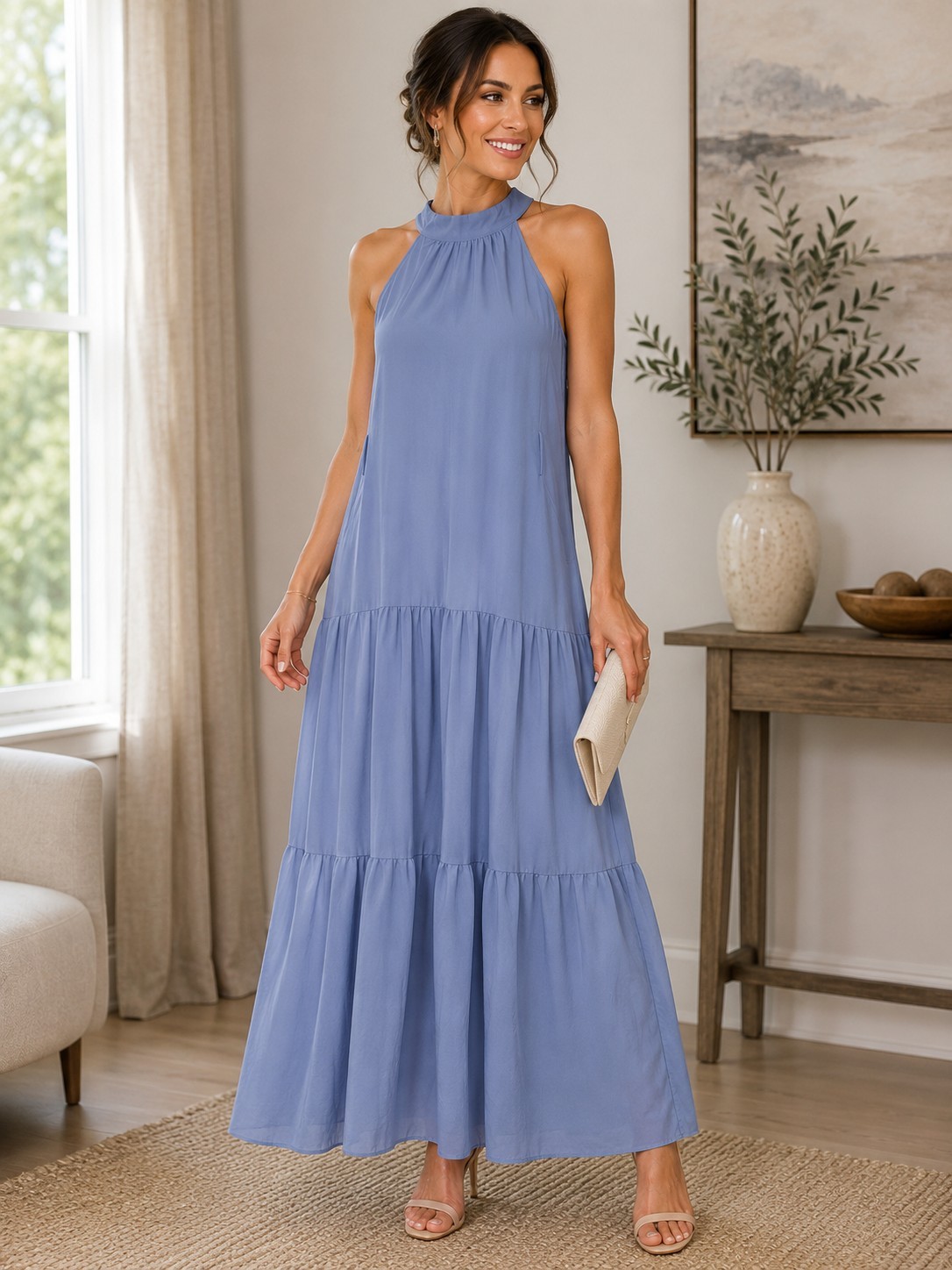 NWT Womens Blue Halter Tiered Maxidress Womens Small Coastal Boho Summer Dress