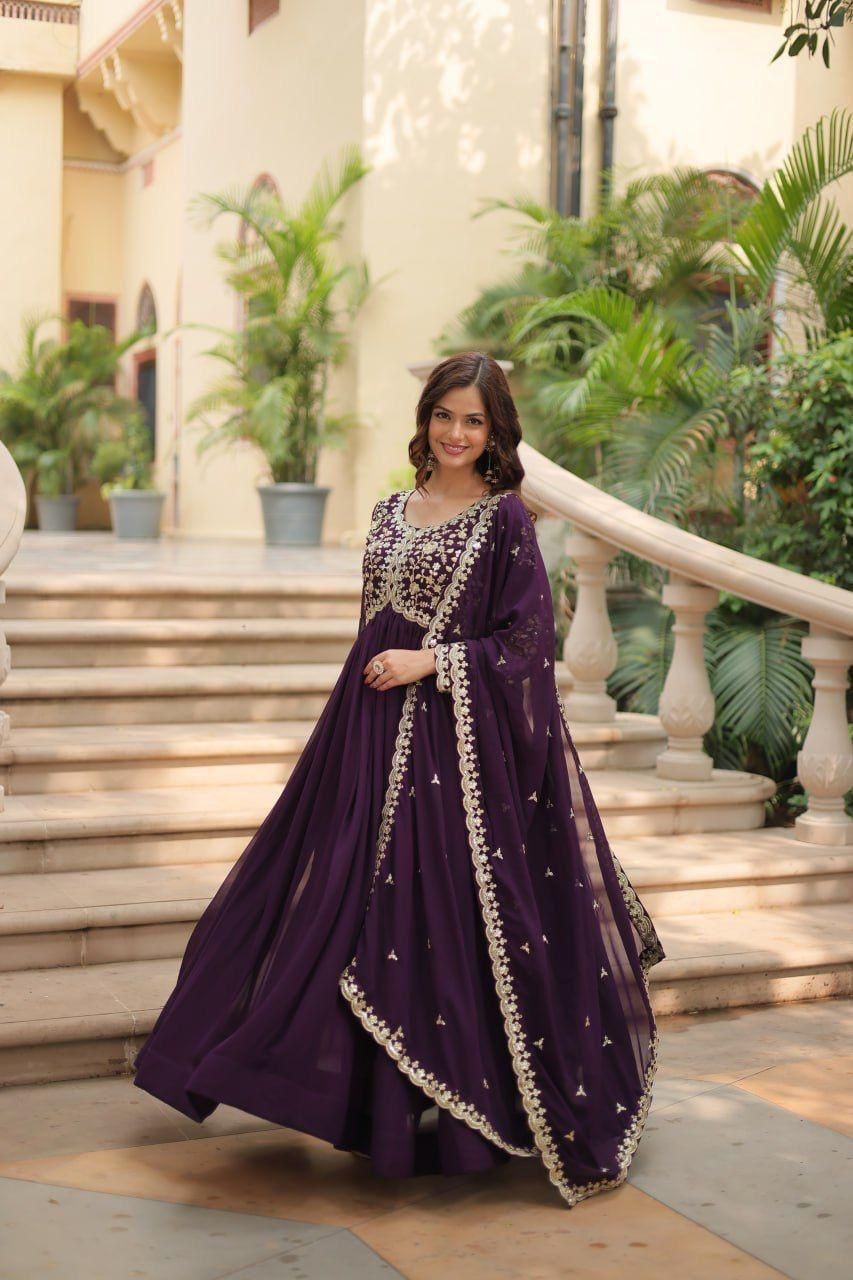 Women’s Embroidered Faux Blooming Gown with Dupatta Wedding Party Ethnic Wear