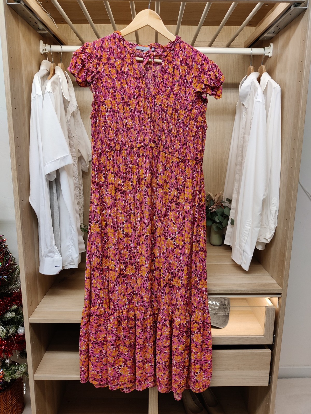 OLIVER BONAS DRESS UK 12 PINK/ORANGE FLUTTER SLEEVE TIE NECK SHIRRED MIDI WOMENS