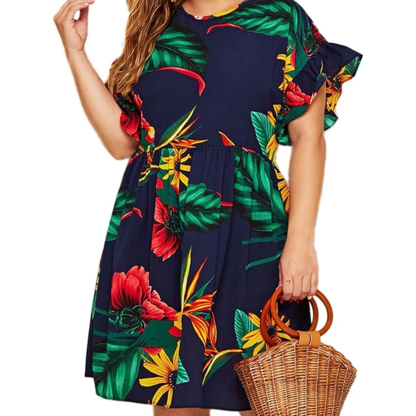 Navy Tropical Floral Ruffle Sleeve Dress