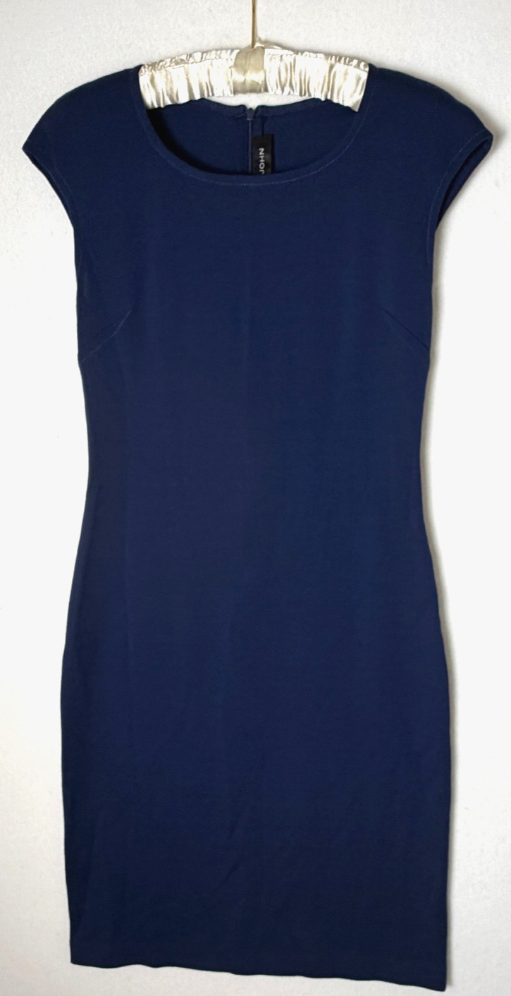 St.John Shift Sheath Dress 4 Cap Sleeves Dark Blue Wool Blend Classic Minimalist