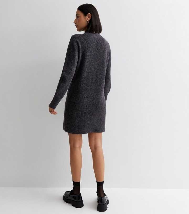 NEW LOOK Womens Dark Grey Soft Fuzzy Ribbed Knit High Neck Mini Dress Size L NEW