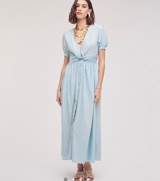Sam Edelman Chambray V Neck Twist Front Maxi Shirtdress Puff Sleeve NWT 12