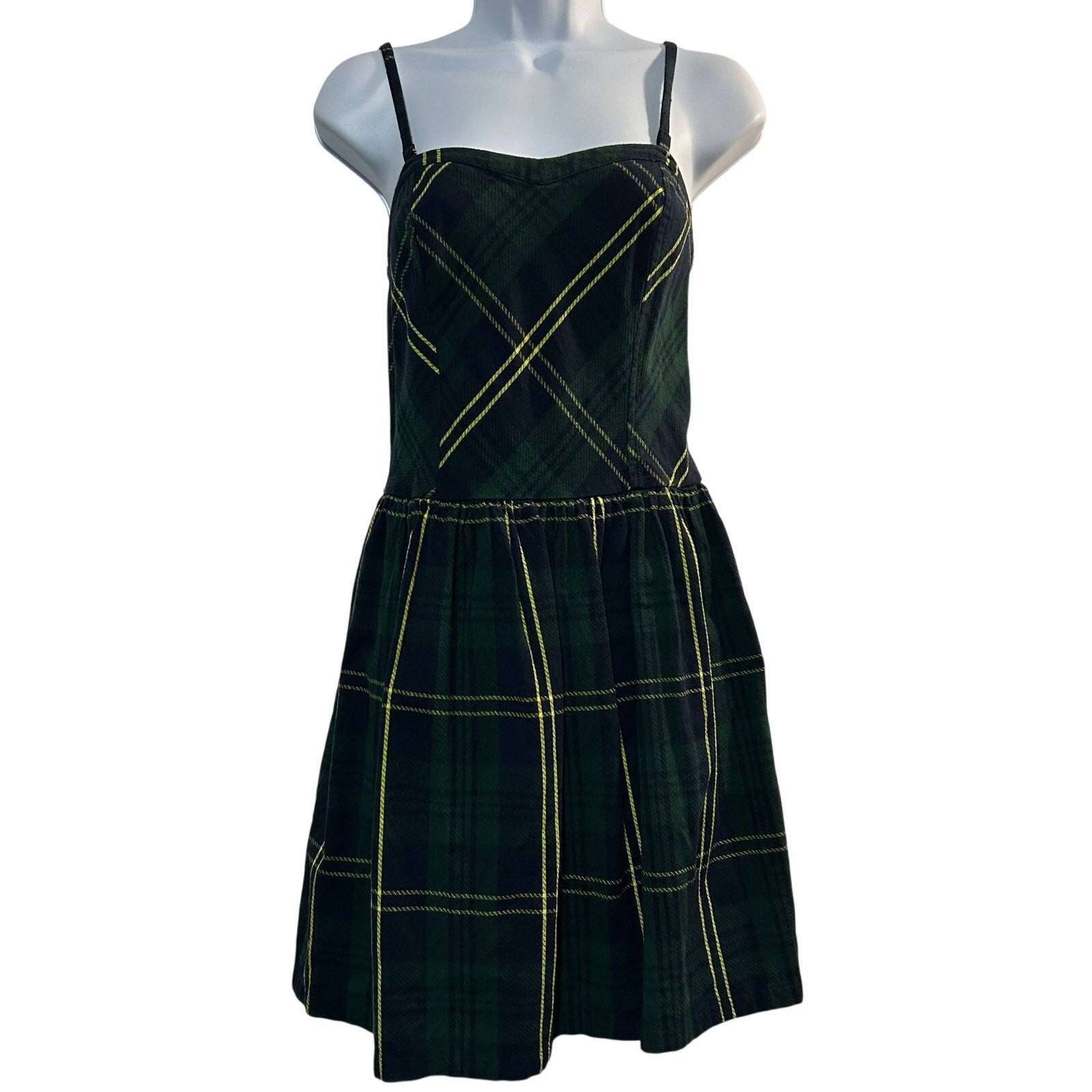 Tartan Plaid Sleeveless Mini Dress Size M Green Blue Retro 90s Preppy Grunge
