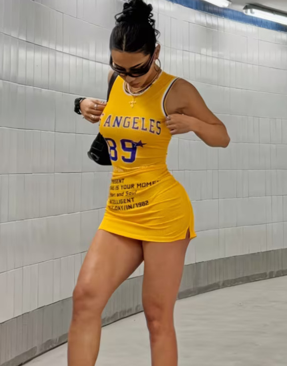 X-Large Yellow Los Angeles “Laker-Style” Bodycon Mini. Bottom Side Cuts.