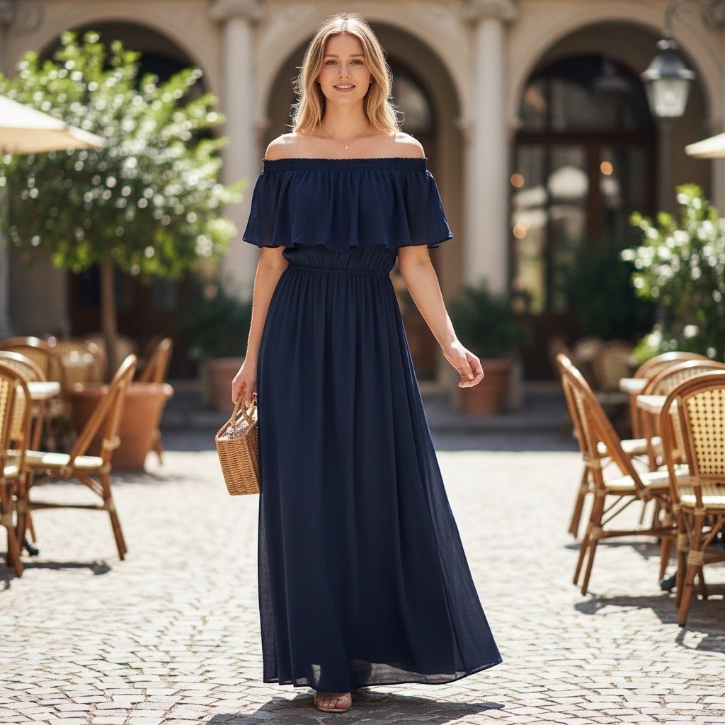 Show Me Your Mumu Hacienda Maxi Dress Womens Medium Navy Blue Off Shoulder