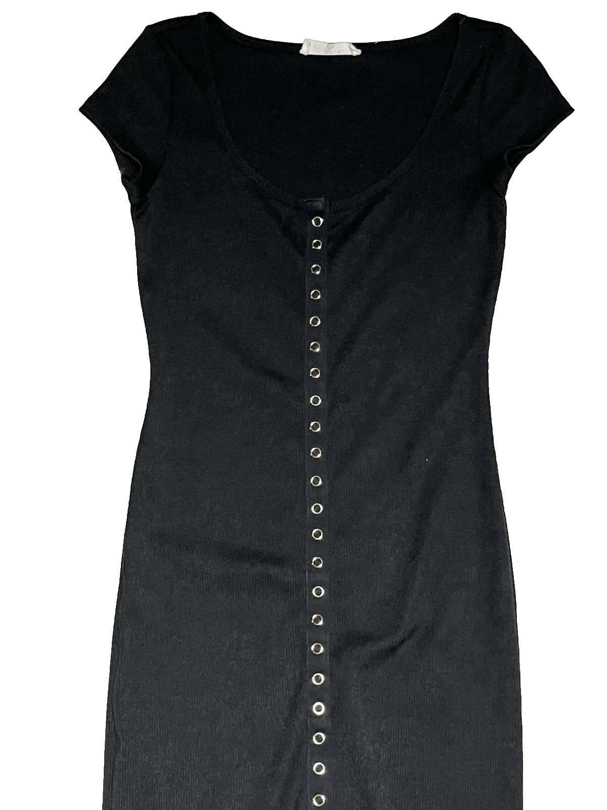 Elodie Snap Up Ribbed Midi Sheath Dress Womens Small Black Stretch Knit 90s Cap